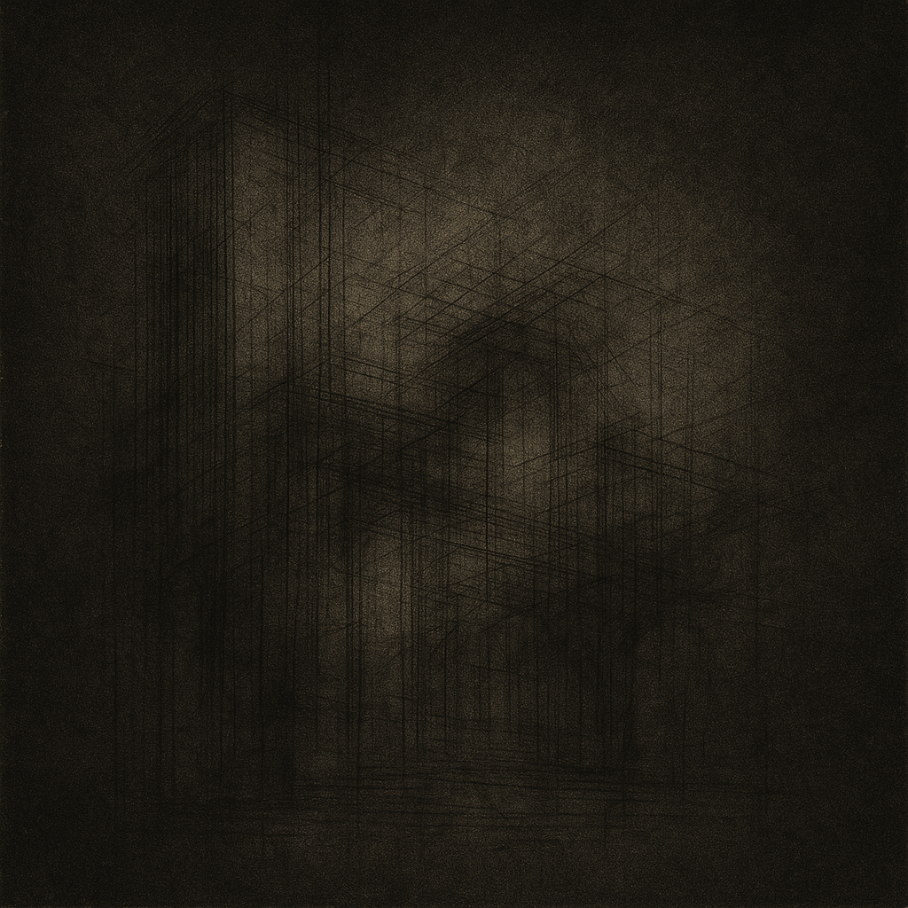 Dissolution III — layered architectural forms dissolving